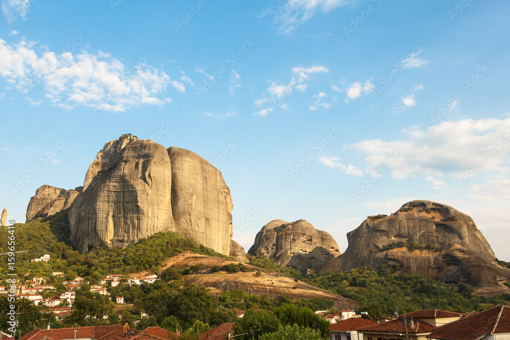 Meteora monasteries. Beautiful view on the Holy Monastery of Great Meteofo placed on the edge of high rock at sunrise, Kastraki, Greece.