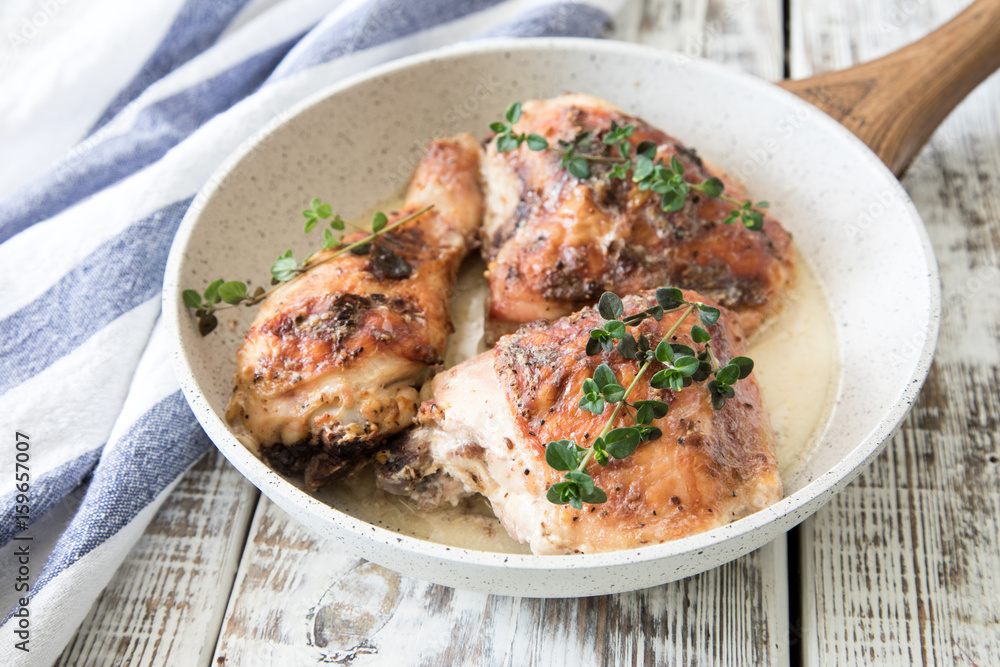 Fried golden chicken thighs with spices and herbs. Baked chicken legs Fried golden chicken thighs with spices and herbs. Baked chicken legs
