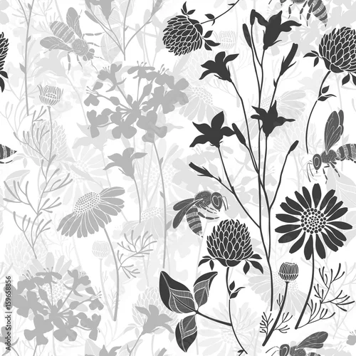 Tapety Wzór z dzikich kwiatów i pszczół. Wektorowa ilustracja z lato łąką. Wersja monochromatyczna.