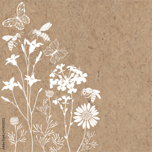 Floral background with meadow flowers, butterflies and bees. Vector illustration on a kraft paper with  place for text. Invitation, greeting card or an element for your design.
