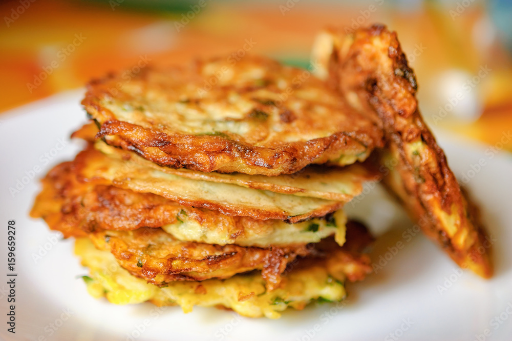 Stack of fried vegetable fritter made of zucchini Stack of fried vegetable fritter made of zucchini
