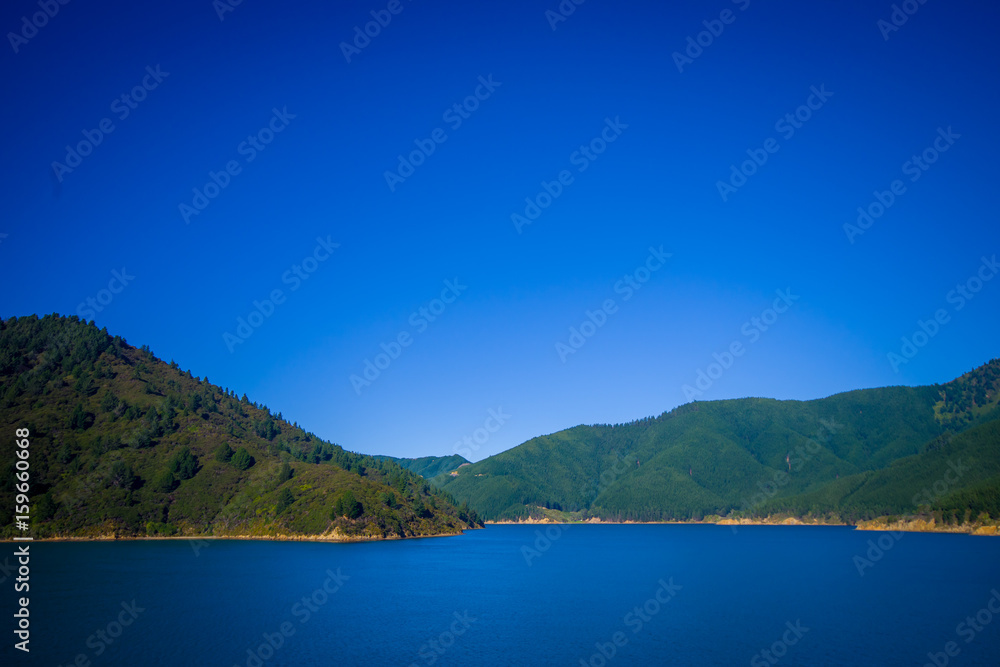Beautiful landscape with gorgeous blue sky in a sunny day seen from ferry from north island to south island, in New Zealand