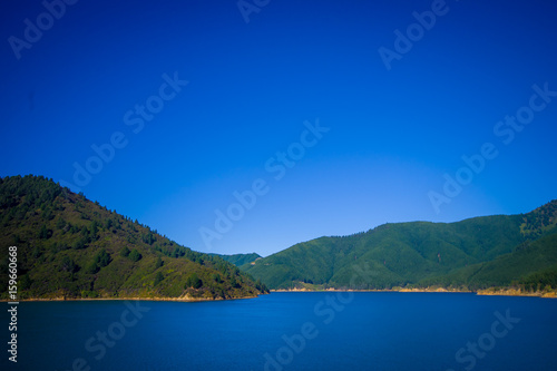 Beautiful landscape with gorgeous blue sky in a sunny day seen from ferry from north island to south island, in New Zealand