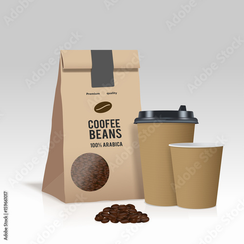 Realistic take away paper coffee cup and brown paper bag with coffee beans. Vector illustration.