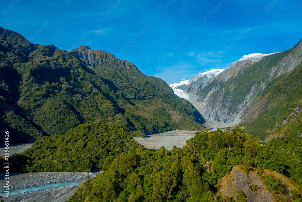 Franz Josef Glacier and valley floor, Westland, South Island, New Zealand