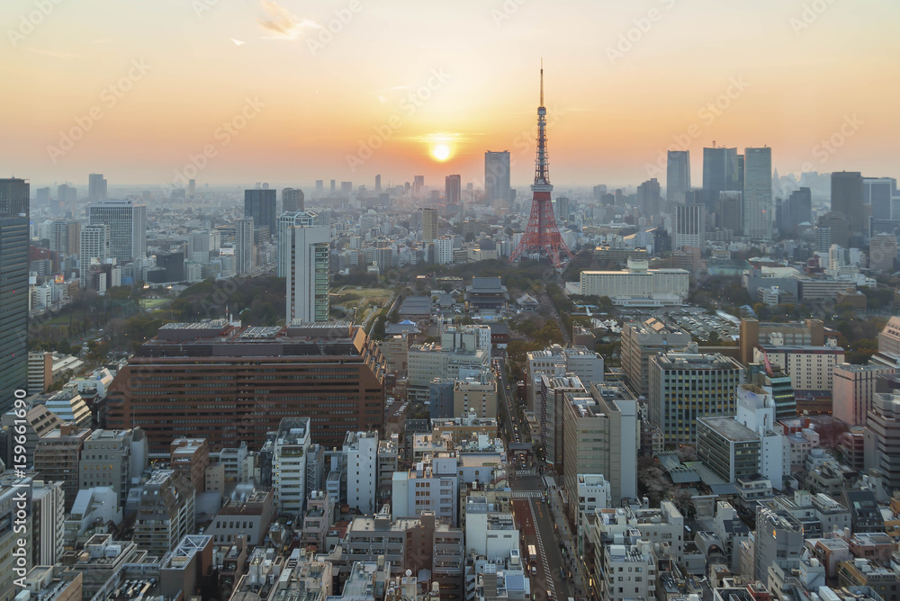 Golden sunset at Tokyo city skyline, aerial view.