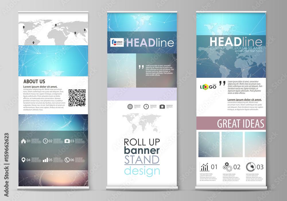 Naklejka premium The minimalistic vector illustration of editable layout of roll up banner stands, vertical flyers, flags design business templates. Molecule structure. Science, technology concept. Polygonal design.