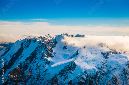 A Wide Panorama of Snowy Mountains, Southern Alps located in south island, in New Zealand