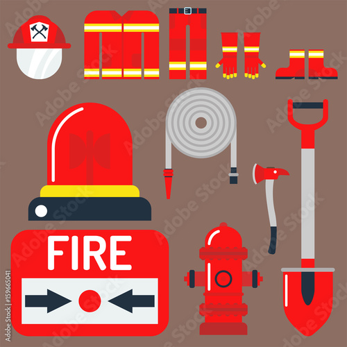 Fire safety equipment emergency tools firefighter safe danger accident protection vector illustration. photo