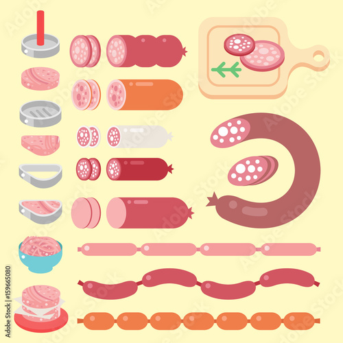 Meat products ingredient and rustic elements preparation equipment food flat vector illustration.
