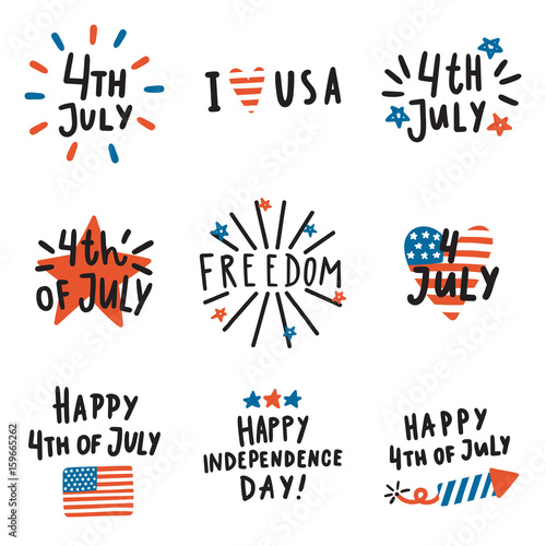 Set of Fourth July badges. Vector hand drawn text and symbols. Can be used for Independence Day decoration