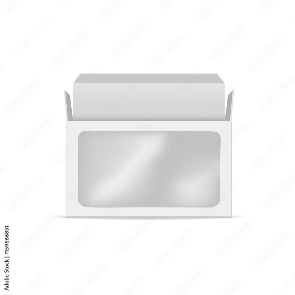 Open product cardboard package box with window. Front View. Vector illustration. Open product cardboard package box with window. Front View. Vector illustration.