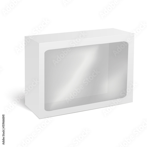 Blank vertical paper box packaging for sandwich, food, gift or other products with plastic window. Vector illustration