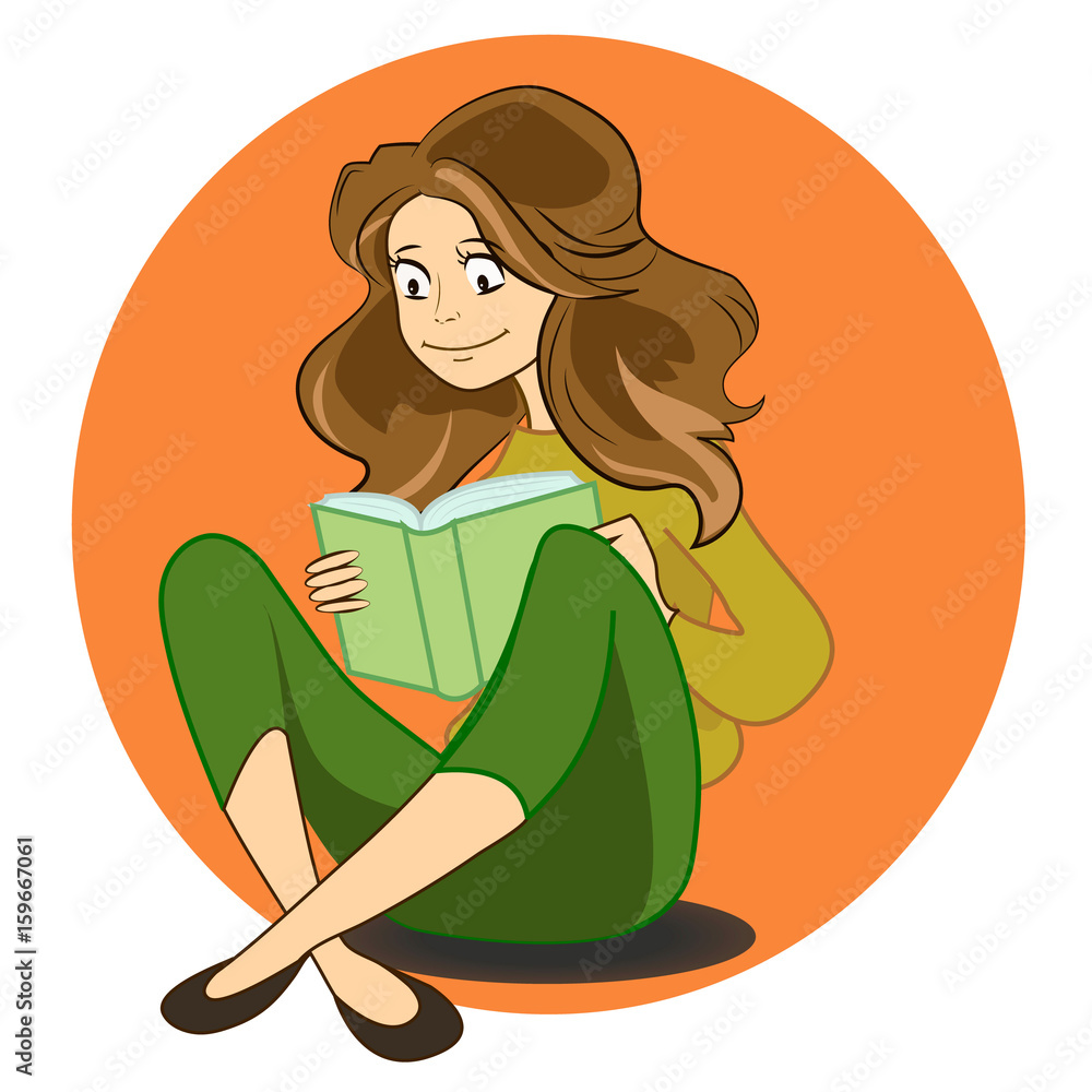 illustration of cartoon cute girl reading book in library Stock Vector |  Adobe Stock
