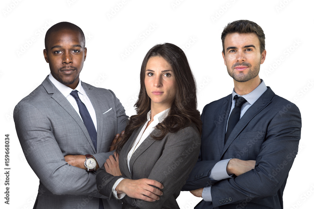 Isolated group on white, business men and women with arms folded looking confident strong, attorneys at law Isolated group on white, business men and women with arms folded looking confident strong, attorneys at law