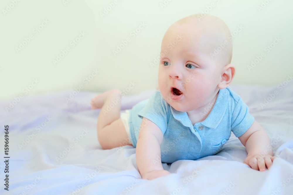 indoor portrait of caucasian baby boy at home - obrazy, fototapety, plakaty 
