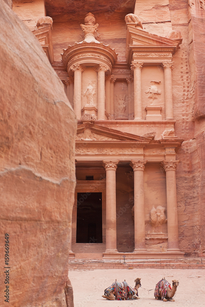 The Treasury at Petra with camels in front 