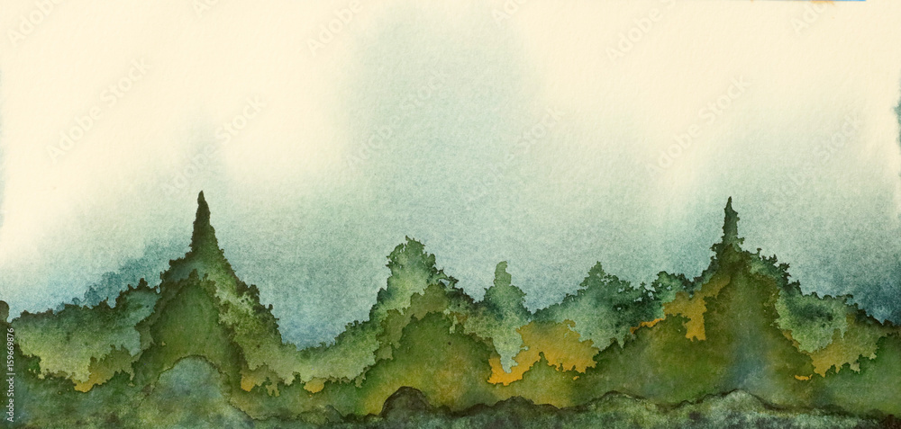 Obraz Oryginalny obraz akwarelowy pagórków i gór w kolorze zielonym i niebieskim.