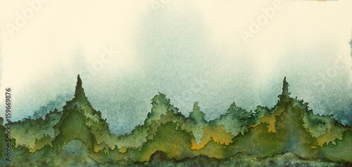 Obraz na płótnie Oryginalny obraz akwarelowy pagórków i gór w kolorze zielonym i niebieskim.