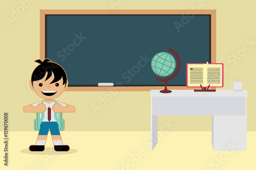 Child arrives in the classroom. first day of class
