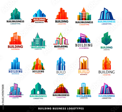 Architecture buildings geometry silhouette skyscraper construction builder developer agency logo badge real estate company vector