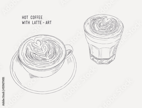 hot coffee with latte art, sketch vecrtor.