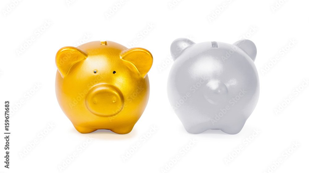 Piggy bank with silver and gold on a white background, File contains a clipping path. Piggy bank with silver and gold on a white background, File contains a clipping path.