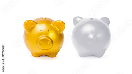Piggy bank with silver and gold on a white background, File contains a clipping path.