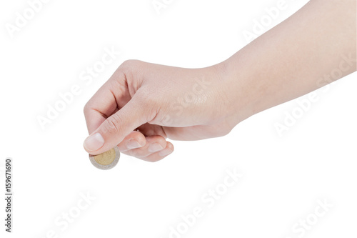 women hand hold a coin isolated on white background, File contains a clipping path.