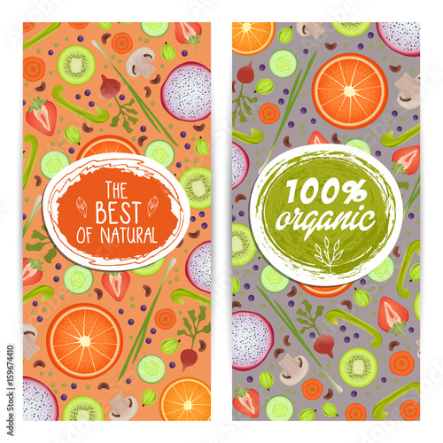 Organic products vertical flyers set vector illustration. Natural fruits and vegetables colorful background. Vegetarian organic raw food  healthy lifestyle  best quality  bio and eco nutrition concept