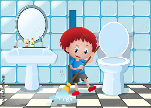 Little boy cleaning bathroom floor