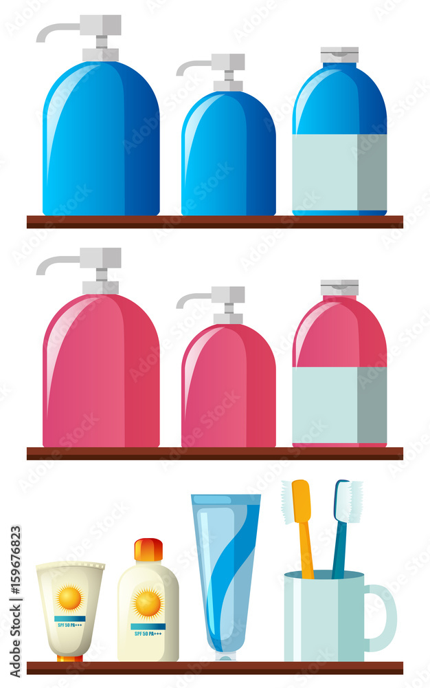 Shampoo bottles and toothbrushes on the shelves Shampoo bottles and toothbrushes on the shelves