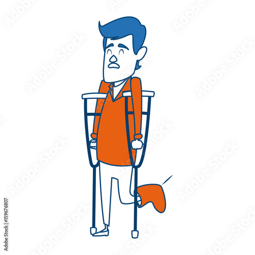 cartoon man foot with medical plaster disability walking on crutches vector illustration © Jemastock