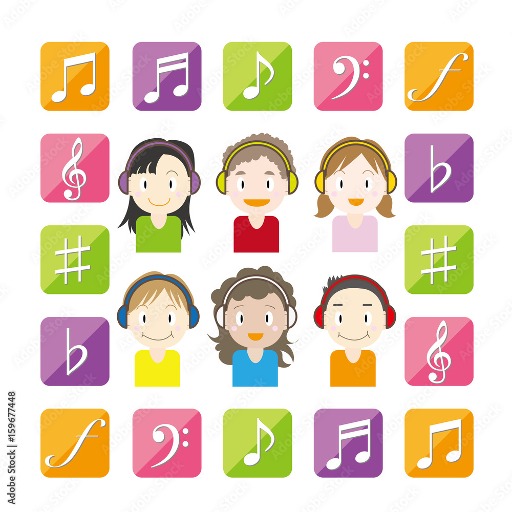 音楽を聴く子供とアイコンセット 音楽を聴く子供とアイコンセット