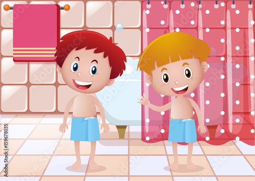 Two boys in bathtowel standing in bathroom