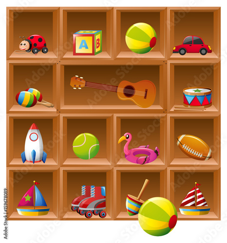 Many toys on wooden shelves