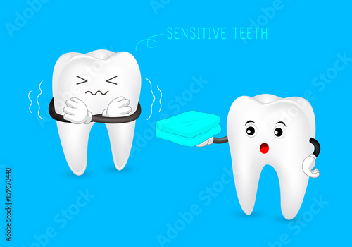 Healthy tooth give blanket to sensitive tooth. Dental care concept, illustration isolated on blue background.
