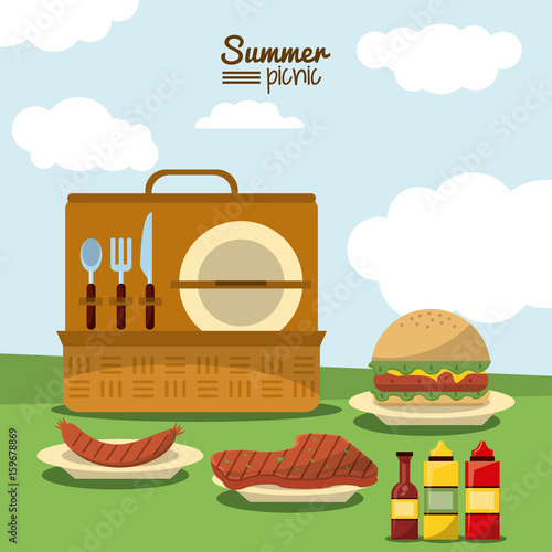 colorful poster of summer picnic with outdoor landscape and picnic basket with cutlery set and dishes with meat and sausage and hamburger vector illustration