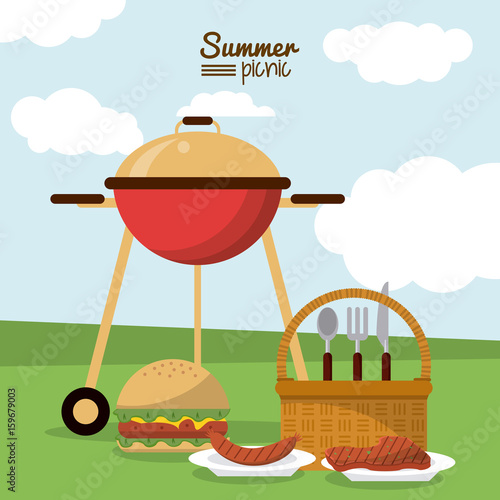 colorful poster of summer picnic with field landscape with picnic basket and charcoal grill and dishes with sausage and meat and burger vector illustration
