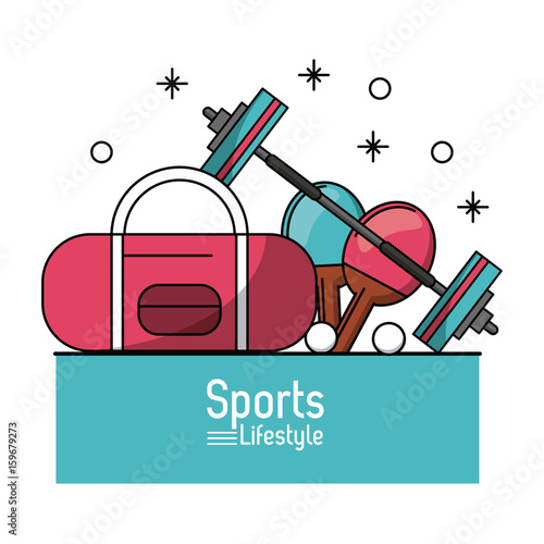 colorful poster of sports lifestyle with briefcase and dumbbell and ping pong rackets vector illustration