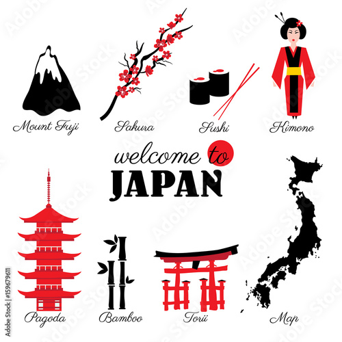 Japan landmark, symbols set sushi, Mountain Fuji, branch sakura flower, kimono, japanese pagoda, bamboo, torii, cartoon map vector illustration travel icons, decorative sign for design advertising