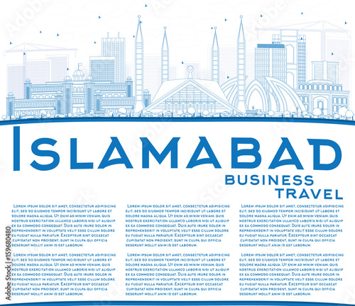 Outline Islamabad Skyline with Blue Buildings and Copy Space.