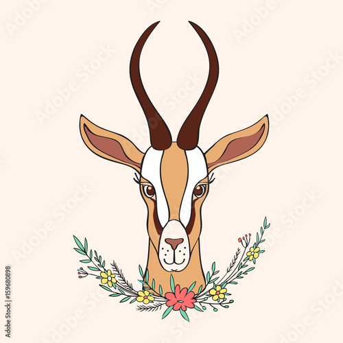 Decorative Gazelle hand drawn vector cartoon doodle colorful animal illustration, African safari antelope with curved horns and floral bouquet  isolated on light background, for design greeting card