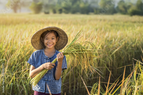 Asian children farmer on yellow rice field.