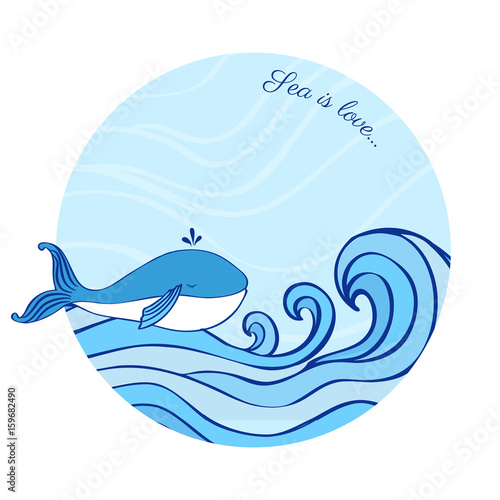 Whale cartoon illustration isolated on blue wave background, vector colorful doodle animal, round frame, Character design for greeting card, children invitation, baby shower, creation of alphabet