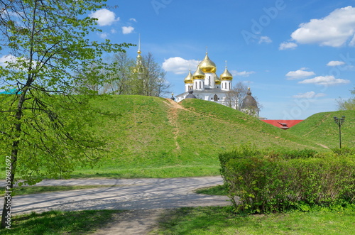Spring cityscape with view of the assumption Cathedral of the Dmitrov Kremlin, Dmitrov, Moscow region, Russia