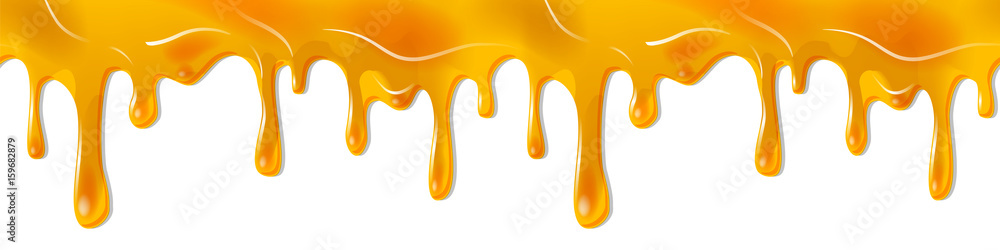 Realistic dripping seamless border golden yellow Honey or Sweet Jam. Flow liquid, drip wet. Thick Amber drops flow down - Seamless Vector pattern Realistic dripping seamless border golden yellow Honey or Sweet Jam. Flow liquid, drip wet. Thick Amber drops flow down - Seamless Vector pattern