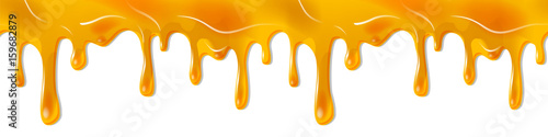 Realistic dripping seamless border golden yellow Honey or Sweet Jam. Flow liquid, drip wet. Thick Amber drops flow down - Seamless Vector pattern