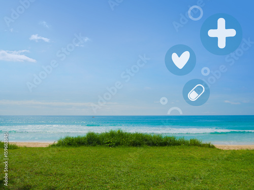 Lawn with beach and sea view, Icons on blue sky background in medical tourism concept