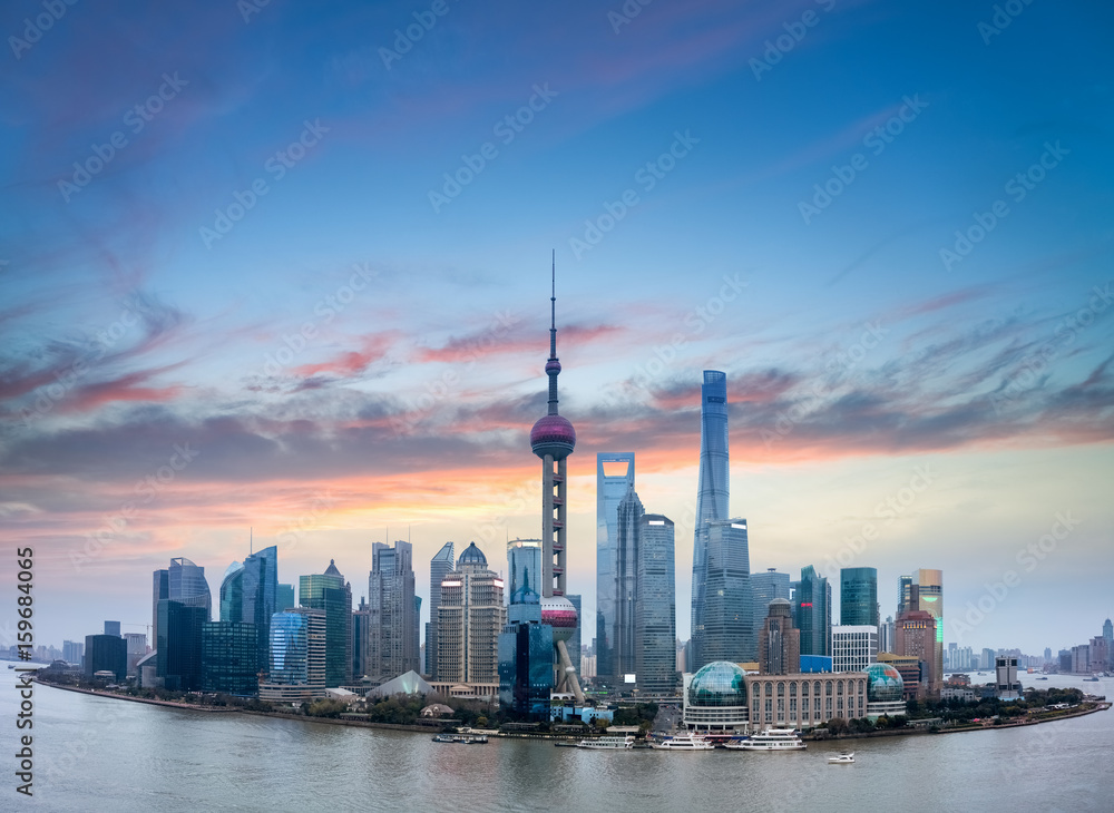 shanghai skyline with burning clouds